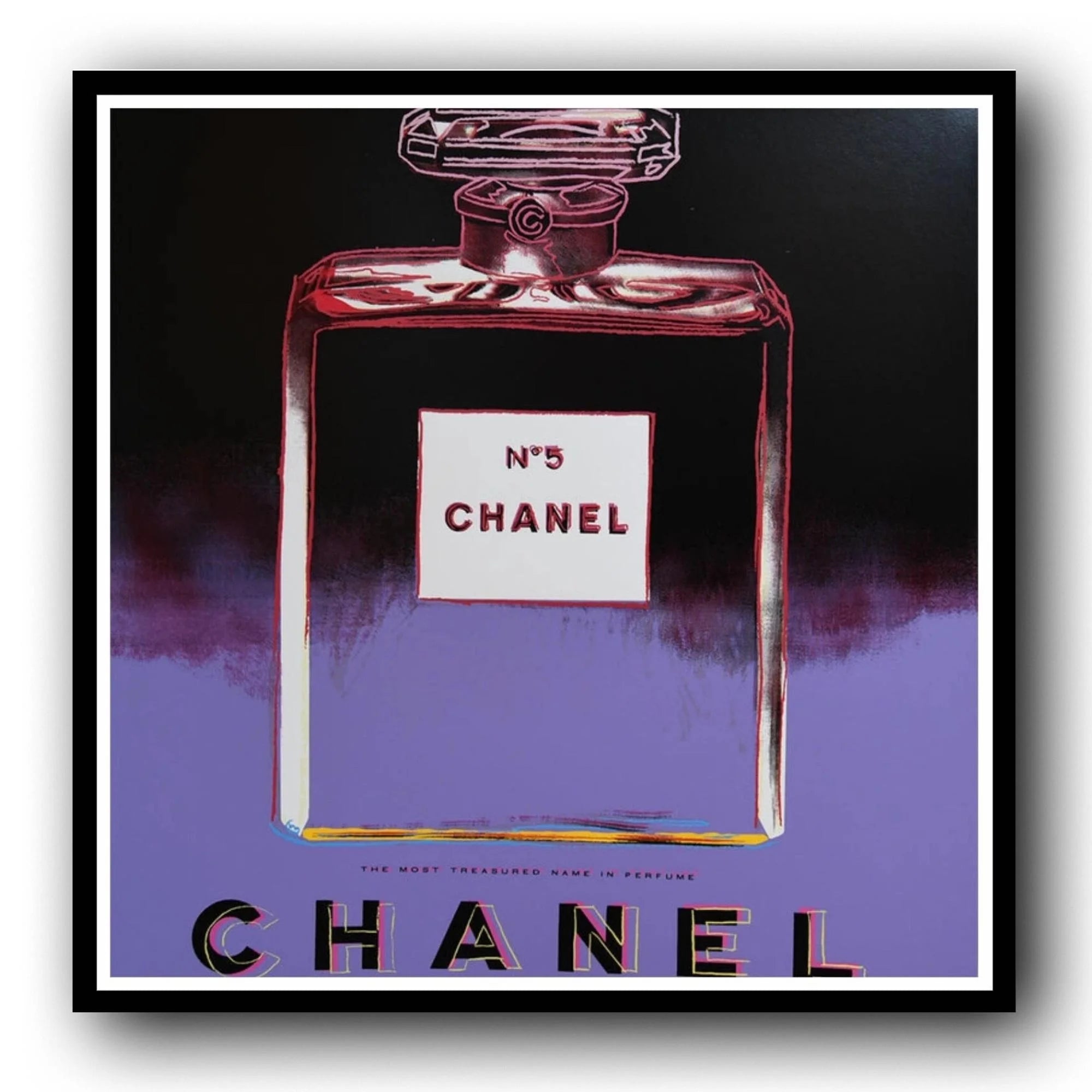 Framed artwork of a Chanel No. 5 perfume bottle with a dark background